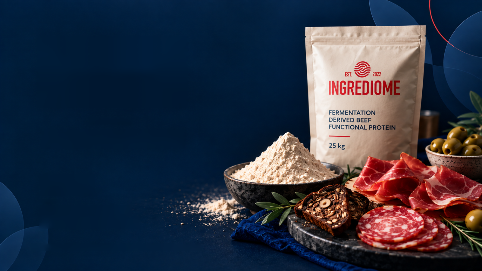 Ingrediome functional protein ingredient, shown as a branded bag and powder alongside sliced salami and cured meat.
